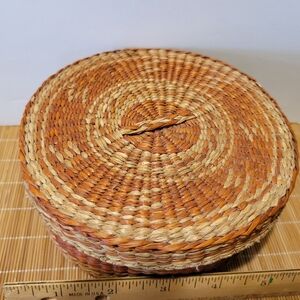 Vintage Seagrass Round Lidded Basket With Red Accents